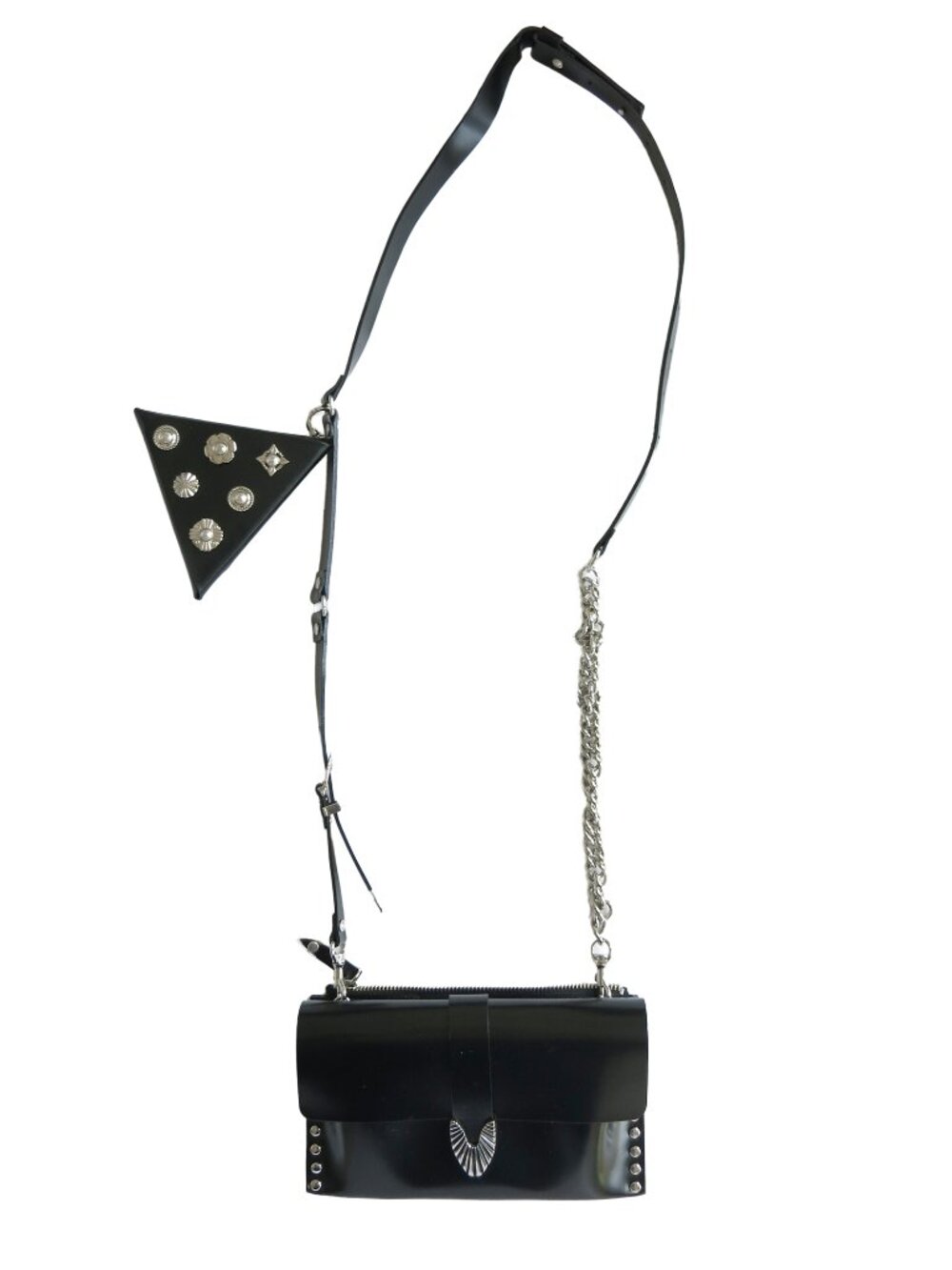 TOGA ARCHIVES Black Leather Silver Stud Embellished Chain Clutch Flap Wallet Bag - Picture 5 of 12